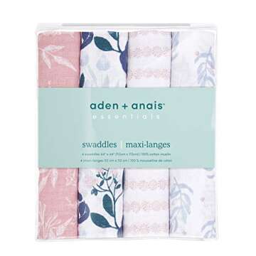 aden + anais Essentials Muslin Swaddle Blankets for Baby Girls and Boys, Newborn Receiving Blanket for Swaddling, 100% Cotton Baby Swaddle Wrap, 4 Pack, Flowers Bloom