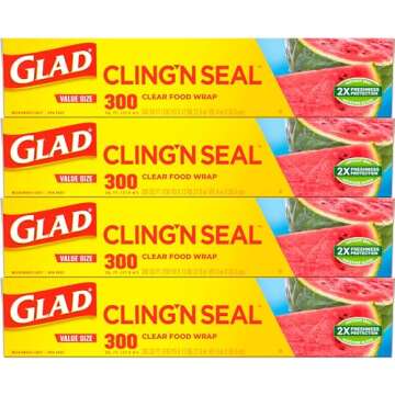 Glad Cling N Seal Plastic Food Wrap, 300 Square Foot Roll - 4 Pack (Package May Vary)