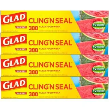 Glad Cling N Seal Plastic Food Wrap, 300 Square Foot Roll - 4 Pack (Package May Vary)