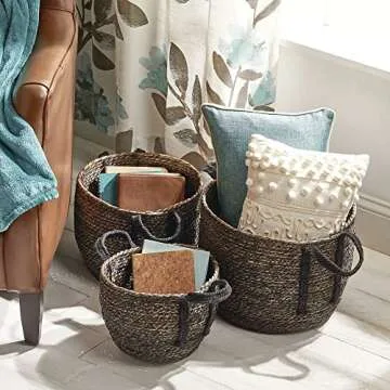 mDesign Round Braided Seagrass Woven Storage Basket with Jute Handles - Rope Weave Circle-Shaped Basket Bin for Shoe Storage in Entryway, Organizing Playroom Toys, and Laundry - Set of 3 - Black Wash