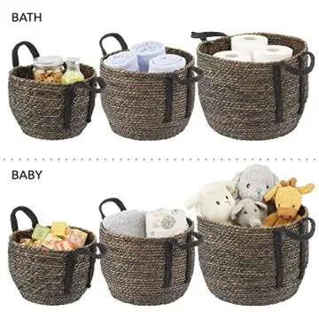 mDesign Round Braided Seagrass Woven Storage Basket with Jute Handles - Rope Weave Circle-Shaped Basket Bin for Shoe Storage in Entryway, Organizing Playroom Toys, and Laundry - Set of 3 - Black Wash