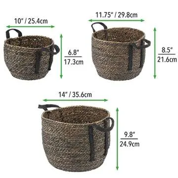 mDesign Round Braided Seagrass Woven Storage Basket with Jute Handles - Rope Weave Circle-Shaped Basket Bin for Shoe Storage in Entryway, Organizing Playroom Toys, and Laundry - Set of 3 - Black Wash