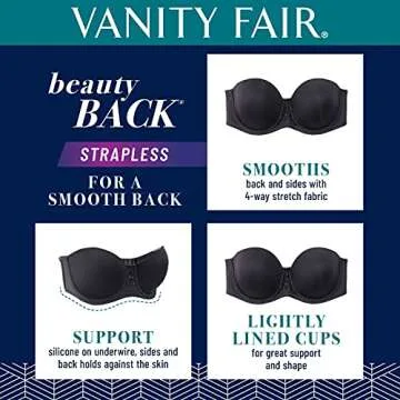 Vanity Fair Women's Beauty Back Smoothing Strapless Bra, 4-Way Stretch Fabric, Lightly Lined Cups up to H, Midnight Black, 42DD