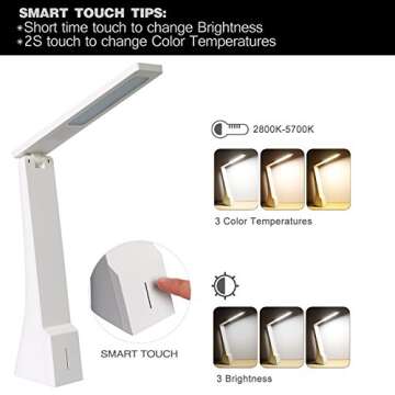 rozky Rechargeable Table Lamp, Battery Operated LED Modern Desk Lamp, Touch Sensitive Control,Mini/Cordless/Portable Lamp,3 Brightness and 3 Color Modes Dimmable, for Home,Travel,Task (White)