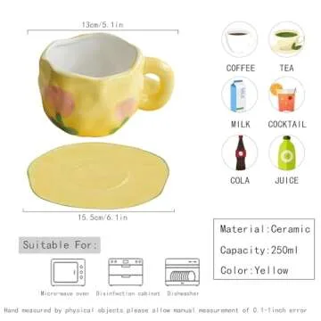 Disoza Coffee Mugs Set with Saucer Cute Yellow Tulip Cup Gifts for Women Birthday Tea Coffee Mug 250 ML Ceramic Flowers Cup Birthday Gift for Women Girls Mom Friend Coffee Mug Tea Cup Saucer Set