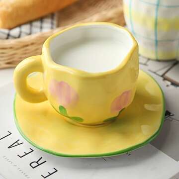 Disoza Coffee Mugs Set with Saucer Cute Yellow Tulip Cup Gifts for Women Birthday Tea Coffee Mug 250 ML Ceramic Flowers Cup Birthday Gift for Women Girls Mom Friend Coffee Mug Tea Cup Saucer Set
