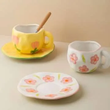 Disoza Coffee Mugs Set with Saucer Cute Yellow Tulip Cup Gifts for Women Birthday Tea Coffee Mug 250 ML Ceramic Flowers Cup Birthday Gift for Women Girls Mom Friend Coffee Mug Tea Cup Saucer Set