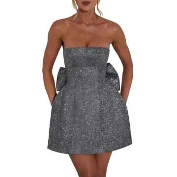 2024 Grey Sparkle Short Cocktail Dress with Oversize Bow for Women