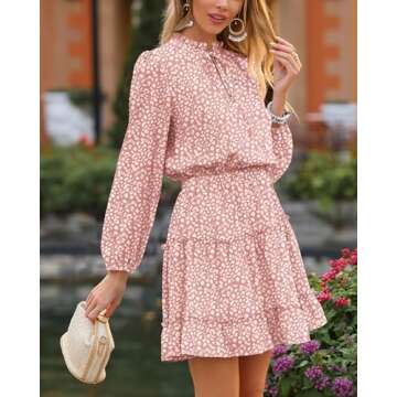BTFBM Women Casual Summer Fall Dresses Tie V Neck Long Sleeve High Waist Ruffle Tiered A Line Swing Tunic Mini Dress(Leopard Pink, Small)