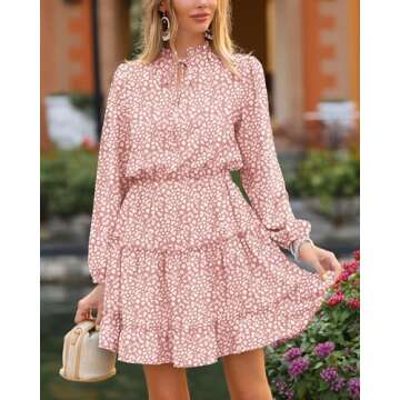 BTFBM Women Casual Summer Fall Dresses Tie V Neck Long Sleeve High Waist Ruffle Tiered A Line Swing Tunic Mini Dress(Leopard Pink, Small)
