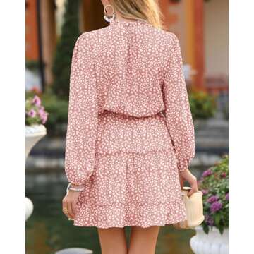 BTFBM Women Casual Summer Fall Dresses Tie V Neck Long Sleeve High Waist Ruffle Tiered A Line Swing Tunic Mini Dress(Leopard Pink, Small)