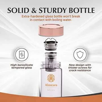 Almeara Crystal Water Bottle | Amethyst, Rose Quartz & Clear Quartz Crystals | Authentic Gemstones – Loose Leaf Tea infuser – Gem Elixir Infused Tempered Glass Water Bottle - Gift ready box - 16.9 oz