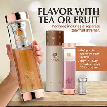 Almeara Crystal Water Bottle | Amethyst, Rose Quartz & Clear Quartz Crystals | Authentic Gemstones – Loose Leaf Tea infuser – Gem Elixir Infused Tempered Glass Water Bottle - Gift ready box - 16.9 oz