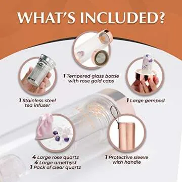 Almeara Crystal Water Bottle | Amethyst, Rose Quartz & Clear Quartz Crystals | Authentic Gemstones – Loose Leaf Tea infuser – Gem Elixir Infused Tempered Glass Water Bottle - Gift ready box - 16.9 oz