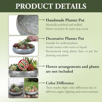 MyGift 11-inch Galvanized Silver Metal Round Planter Bowl with Brass-Tone Pebbled Rim - Handcrafted in India