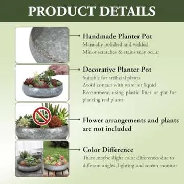 MyGift 11-inch Galvanized Silver Metal Round Planter Bowl with Brass-Tone Pebbled Rim - Handcrafted in India