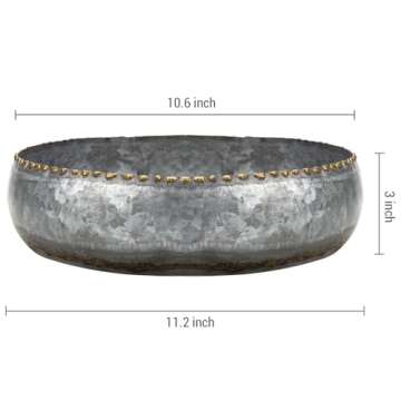 MyGift 11-inch Galvanized Silver Metal Round Planter Bowl with Brass-Tone Pebbled Rim - Handcrafted in India