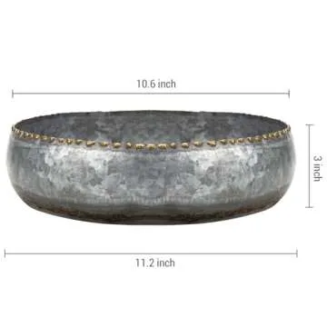 MyGift 11-inch Galvanized Silver Metal Round Planter Bowl with Brass-Tone Pebbled Rim - Handcrafted in India