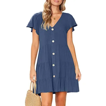 MITILLY Summer Short Sleeve V Neck Dress with Pockets