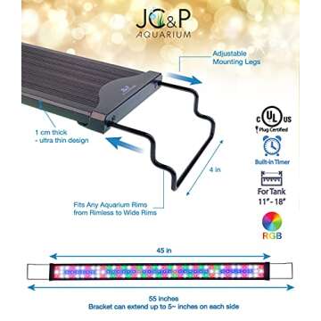 JC&P Full Spectrum Aquarium LED Light with Extendable Brackets with Red, Green, Blue and White LEDs Aquatic Fish Tank Light with Dimming Timer, Color Modes and Control 54W(45"-55")