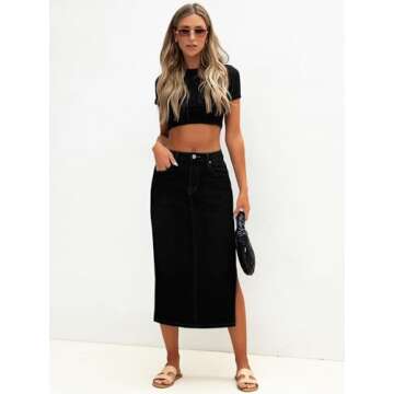 Genleck Long Black Denim Skirt High Waist Fashion Long Jean Skirts with Side Slit 2025 (Black, 12)