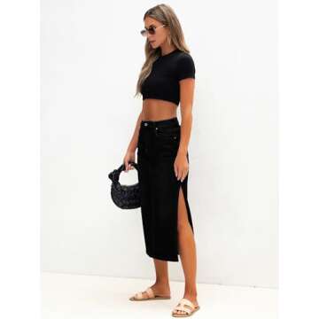 Genleck Long Black Denim Skirt High Waist Fashion Long Jean Skirts with Side Slit 2025 (Black, 12)