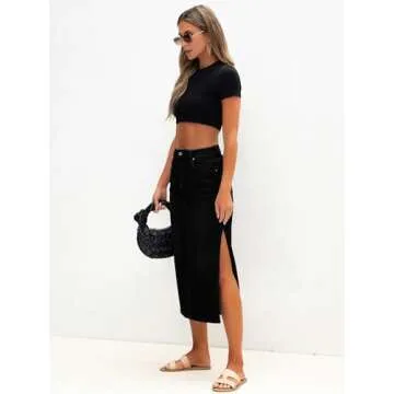 Genleck Long Black Denim Skirt High Waist Fashion Long Jean Skirts with Side Slit 2025 (Black, 12)