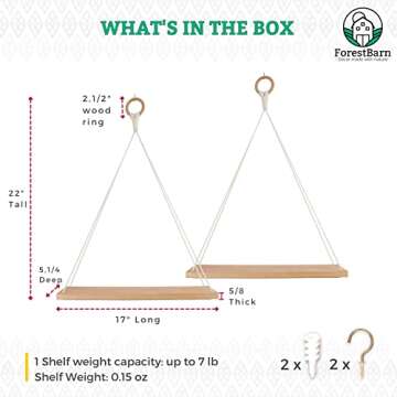 FORESTBARN Hanging Shelves - Set of 2 - Macrame Wall Hanging Shelf - Shelves for Bedroom - Floating Shelves for Wall - Plant Shelf Indoor Wall - Bedroom Wall Decor, Boho Wall Decor Shelves…