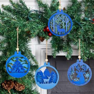 Joiedomi 6 Pcs Wooden Christmas Ornaments, Reindeer Carved Blue Wooden Ornaments, Hanging Reindeer O...