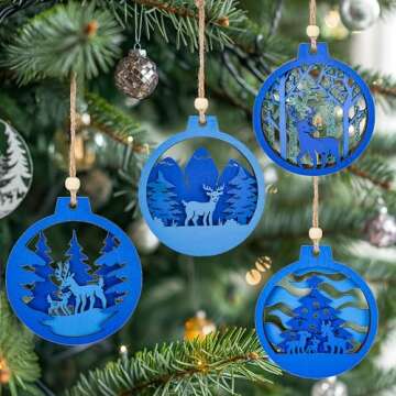 Joiedomi 6 Pcs Wooden Christmas Ornaments, Reindeer Carved Blue Wooden Ornaments, Hanging Reindeer Ornaments for Indoor/Outdoor Holidays, Party Decoration, Tree Ornaments, Events, and Christmas