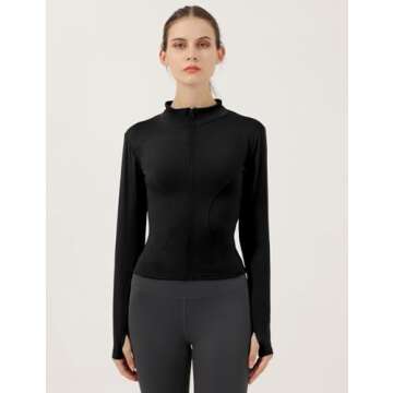 Gacaky Women's Slim Fit Lightweight Athletic Full Zip Stretchy Workout Running Track Jacket with Thumb Holes Black M