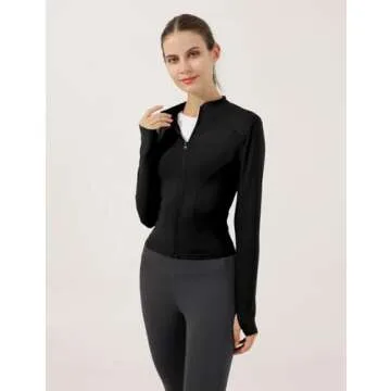 Gacaky Women's Slim Fit Lightweight Athletic Full Zip Stretchy Workout Running Track Jacket with Thumb Holes Black M