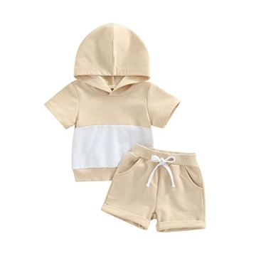 Infant Baby Boys Summer Outfits Hooded Short Sleeve Tops Colorblock T-Shirt+Drawstring Shorts Clothe...