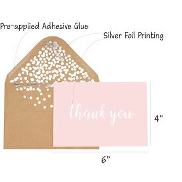 Thank You Cards - Blank 50 Pack Foiled "Thank You" Printed with 52 Foil Embossed Kraft Envelopes 4" ...