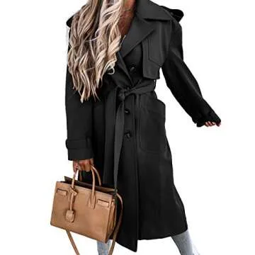 Fisoew Women's Double Breasted Long Trench Coat - Stylish, Warm & Versatile