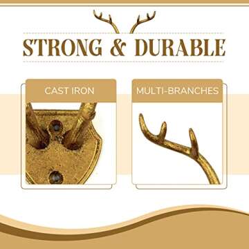 Hline Living Cast Iron Deer Antler Hooks Rustic Hooks, Heavy Duty Wall Mounted Decorative Hook for Hanging, Vintage Iron Hook for Farmhouse, Entryway, Bedroom, Living Room, Gold