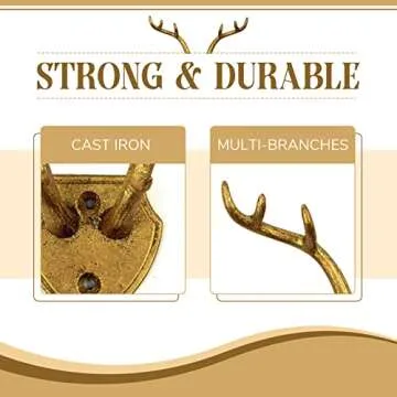 Hline Living Cast Iron Deer Antler Hooks Rustic Hooks, Heavy Duty Wall Mounted Decorative Hook for Hanging, Vintage Iron Hook for Farmhouse, Entryway, Bedroom, Living Room, Gold