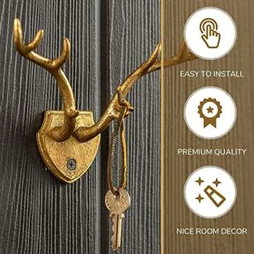Hline Living Cast Iron Deer Antler Hooks Rustic Hooks, Heavy Duty Wall Mounted Decorative Hook for Hanging, Vintage Iron Hook for Farmhouse, Entryway, Bedroom, Living Room, Gold