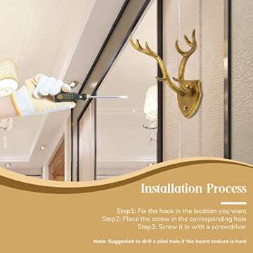 Hline Living Cast Iron Deer Antler Hooks Rustic Hooks, Heavy Duty Wall Mounted Decorative Hook for Hanging, Vintage Iron Hook for Farmhouse, Entryway, Bedroom, Living Room, Gold