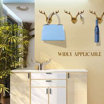 Hline Living Cast Iron Deer Antler Hooks Rustic Hooks, Heavy Duty Wall Mounted Decorative Hook for Hanging, Vintage Iron Hook for Farmhouse, Entryway, Bedroom, Living Room, Gold