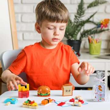 AYGXU Valentines Day Gifts for Kids -valentines cards for kids classroom -30pcs Fast Food building blocks with exchange cards ,party favors classroom,Valentines goody bag filler.