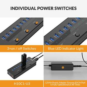 iDsonix 11-Port USB 3.0 Hub with Fast Charging and Switches