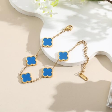 AIPPK 18K Gold Plated Clover Lucky Bracelet Van Cleef Bracelet Dupes for Women Blue Flower Four Leaf Bracelets Trendy Jewelry Gifts for Women
