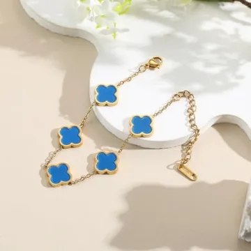 AIPPK 18K Gold Plated Clover Lucky Bracelet Van Cleef Bracelet Dupes for Women Blue Flower Four Leaf Bracelets Trendy Jewelry Gifts for Women