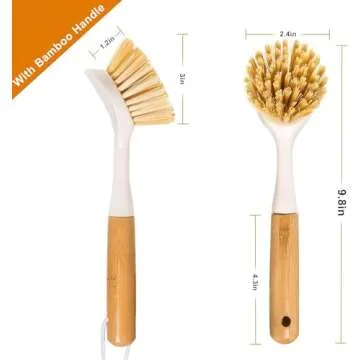 FunCee 2 Pack Kitchen Dish Brushes with Bamboo Handle, Dish Scrubber Built-in Scraper, Scrub Brush f...