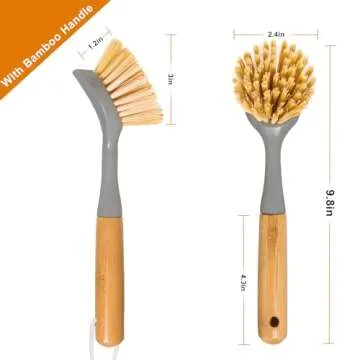 FunCee 2 Pack Kitchen Dish Brushes with Bamboo Handle, Dish Scrubber Built-in Scraper, Scrub Brush for Pans, Pots, Counter & Kitchen Sink Cleaning, Dishwashing and Cleaning Brush Tools, White