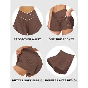 FireSwan Crossover Athletic Shorts for Women 2 in 1 Flowy Running Shorts with Pockets Spandex Butterfly Workout Tennis Skorts Brown