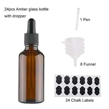 BPFY 24 Pack 2 oz Amber Glass Dropper Bottles, Eye Dropper Bottles WithFunnels, Chalk Labels,1 Pen, Tincture Bottles With Eye Droppers for Essential Oils, Massage Oil, Beard Oils, Perfume Oils