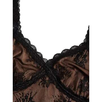 SweatyRocks Women's Lace Patchwork Spaghetti Strap Crop Cami Cute Ribbed Knit Slim Fit V Neck Camisole Tank Tops Black Brown S