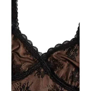 SweatyRocks Women's Lace Patchwork Spaghetti Strap Crop Cami Cute Ribbed Knit Slim Fit V Neck Camisole Tank Tops Black Brown S